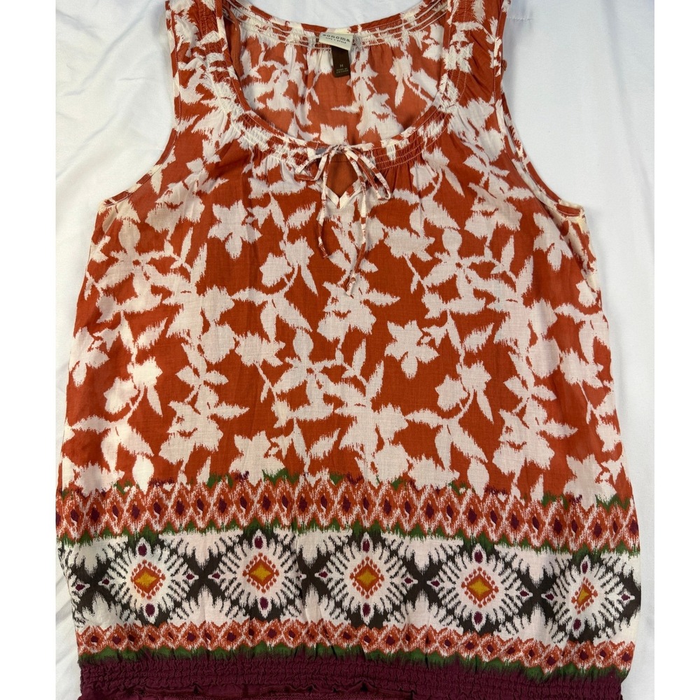 Tribal Border Tank Orange White M Sleeveless Boho Festival Safari Artisanal